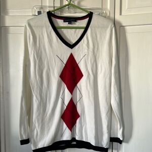 Tommy Hilfiger Men's White and Red Argyle Sweater - Size L